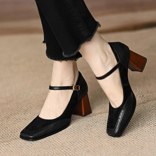 Patchwork Chunky Heel Buckle French Style Square Toe High Heel