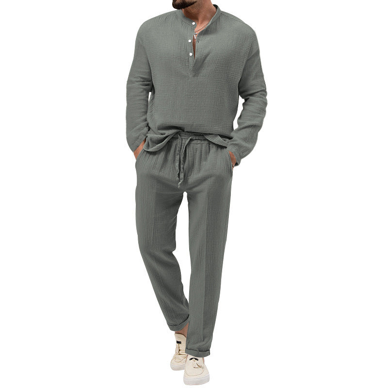 Solid Color Casual T-shirt Long Sleeve Shirt Trousers Set