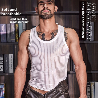 New Men's Cross-strap Striped Thin Transparent Elastic Vest