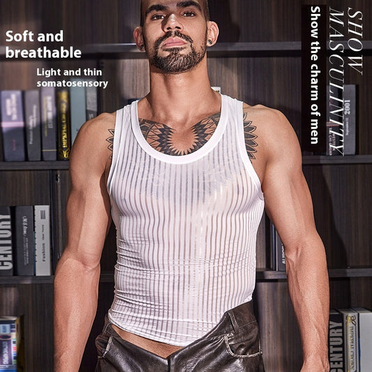 New Men's Cross-strap Striped Thin Transparent Elastic Vest