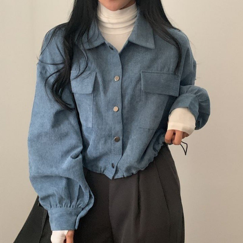 Loose All-match Single-breasted Lapel Short Corduroy Shirt