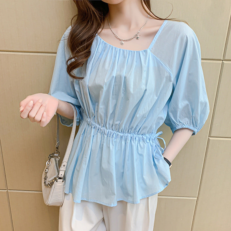 Irregular Ruffled Edge Thin Cotton Square Collar Shirt