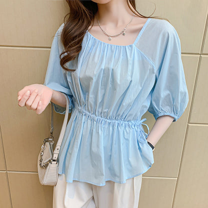Irregular Ruffled Edge Thin Cotton Square Collar Shirt