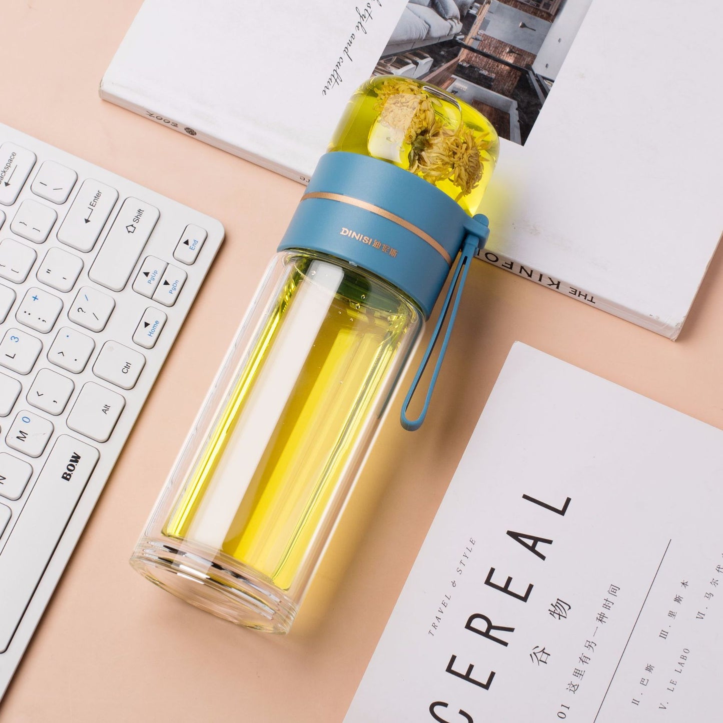 Glass Water Bottle with Tea Infuser and Double Wall