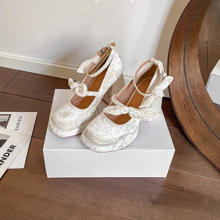 Gentle Chunky Heel Waterproof Platform High Heels Bow Pumps