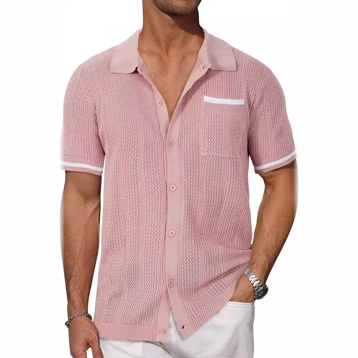 Men's Short Sleeve Pocket Hollow Summer Cardigan