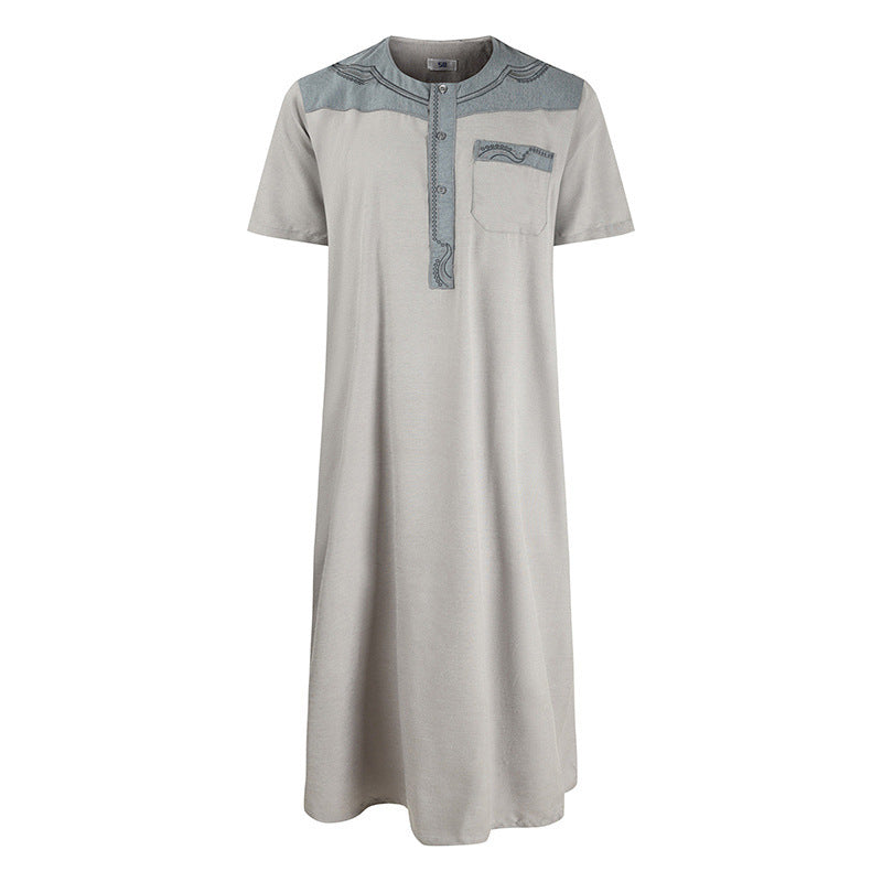 Men's Robe Pocket Contrast Color Short Sleeve