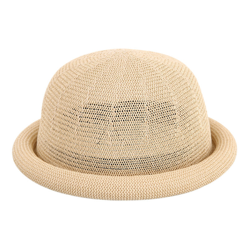 Women's Straw Yarn Curled Brim Round Crown Top Hat Leisure Basin Hat