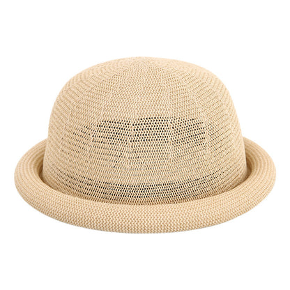 Women's Straw Yarn Curled Brim Round Crown Top Hat Leisure Basin Hat