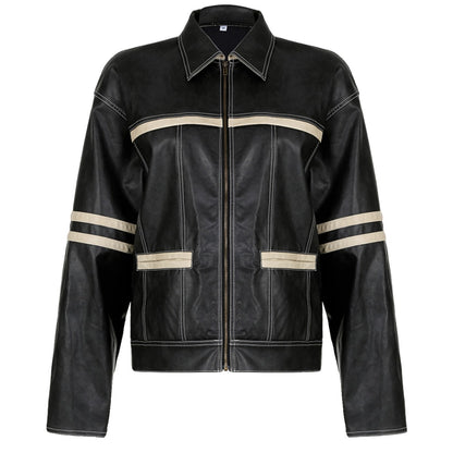 Women's Retro Contrast Color Split Leather Coat