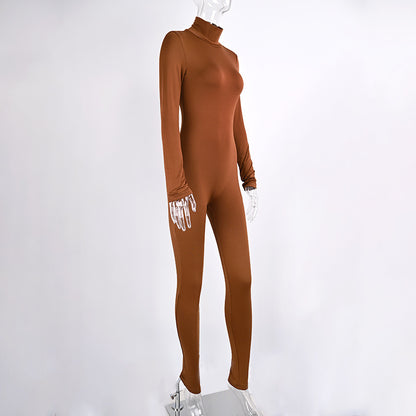 Solid Color Fleece-Lined Long Sleeve Yoga Jumpsuit for Autumn and Winter