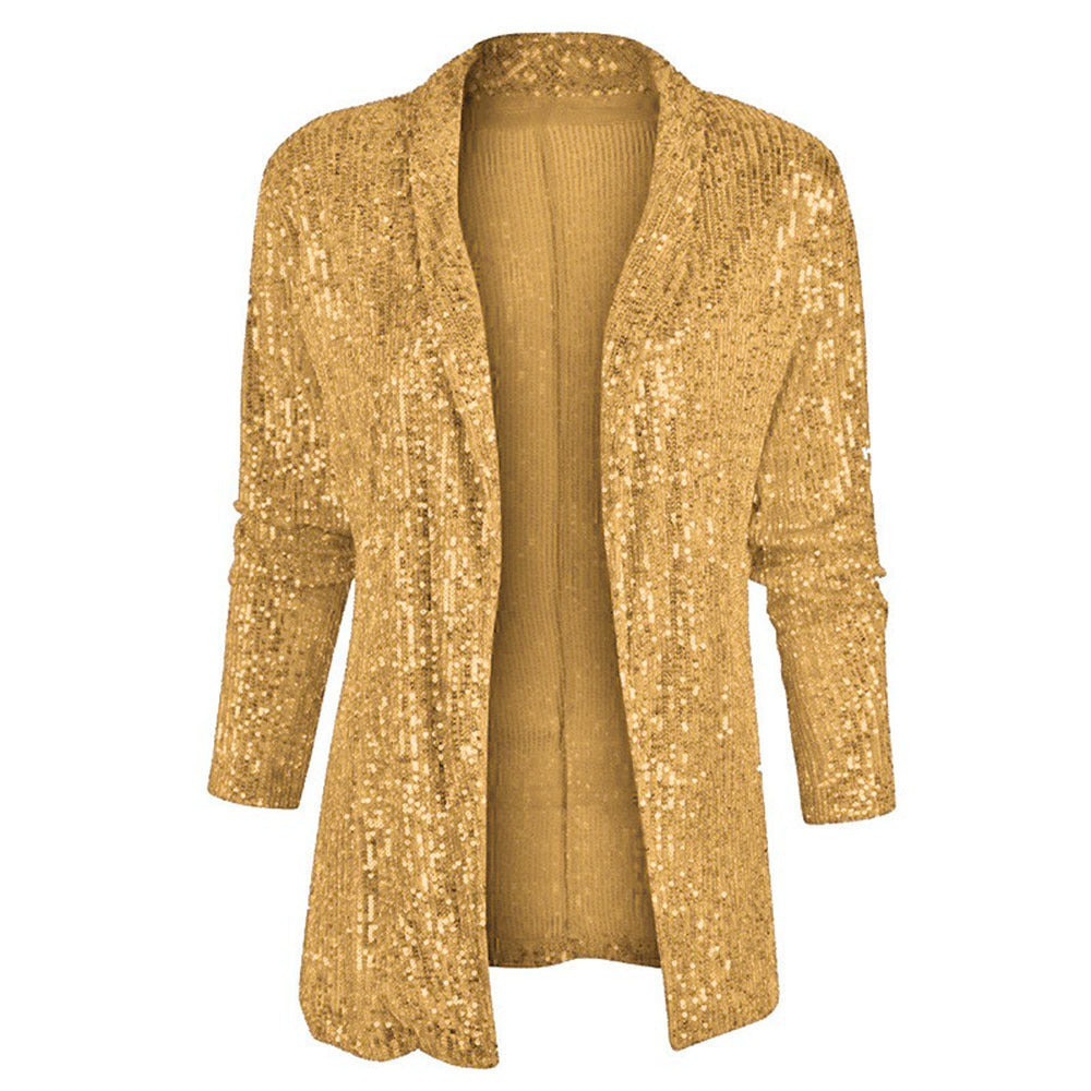 Women's Sequin Long Sleeve Temperament Mid-length Polo Collar Solid Color Coat