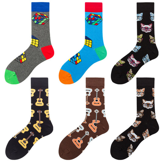 Men's Mid-calf Colorful Guitar Cat Face Cotton Socks