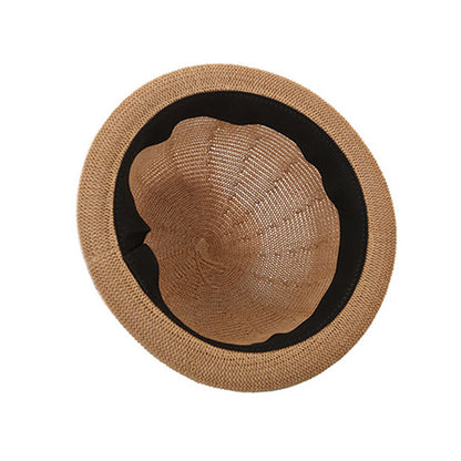 Women's Straw Yarn Curled Brim Round Crown Top Hat Leisure Basin Hat