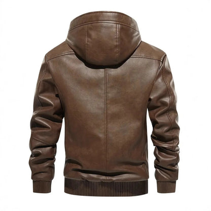 Winter Fleece-lined Men's Casual All-matching Hooded Leather Coat Coat