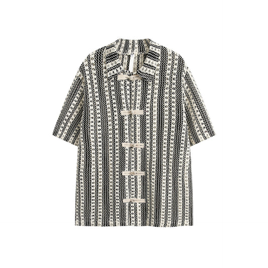 Summer Beige Black Colorblock Turnover Neck Shirt
