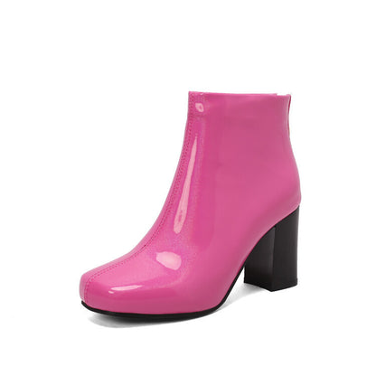 Solid Color Patent Leather High Heel Ankle Boots