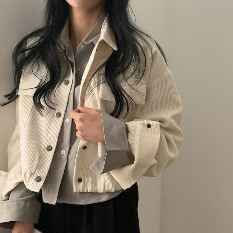 Loose All-match Single-breasted Lapel Short Corduroy Shirt
