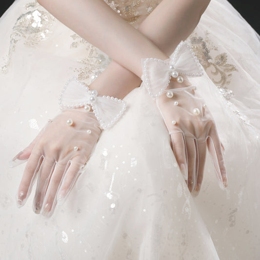 Bridal Handmade Pearl White Bow Gloves