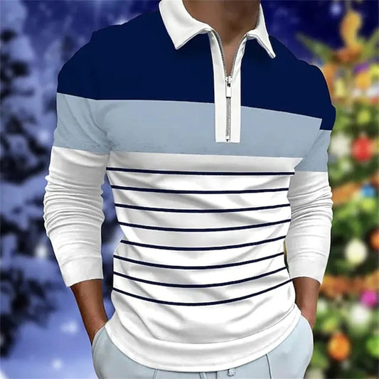 Men's Long Sleeve Color Block Zipper Polo Shirt