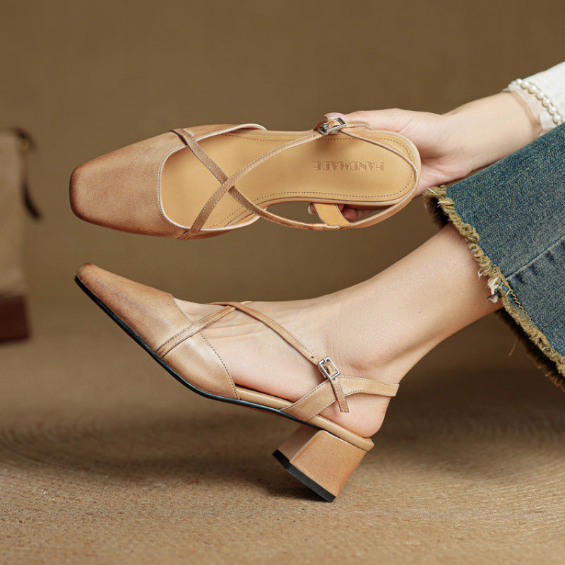 Women's Tendon Soft Bottom Mid Heel Sandals Closed Toe Casual