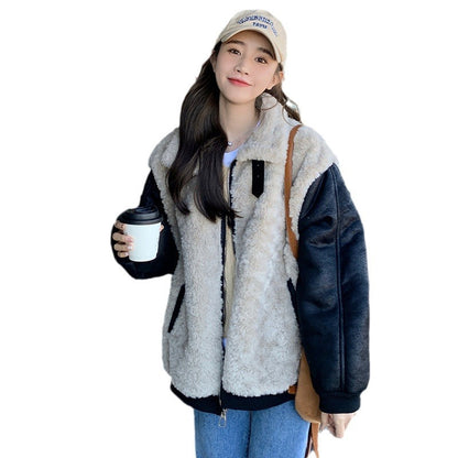 Patchwork Stand Collar Lamb Wool Motorcycle Coat