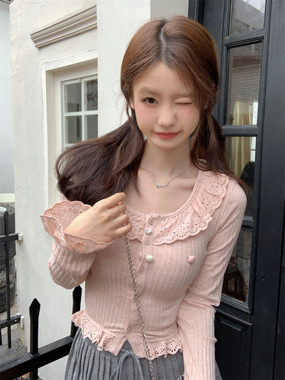 Slim Fit All-matching Long Sleeve Top Ruffled Knitted Cropped T-shirt Tide
