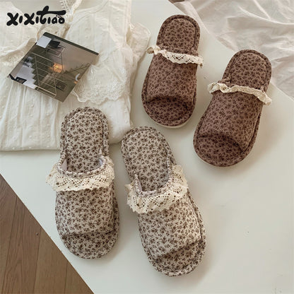 Home Style Vintage Floral One Word Four Seasons Universal Cotton Slippers Female