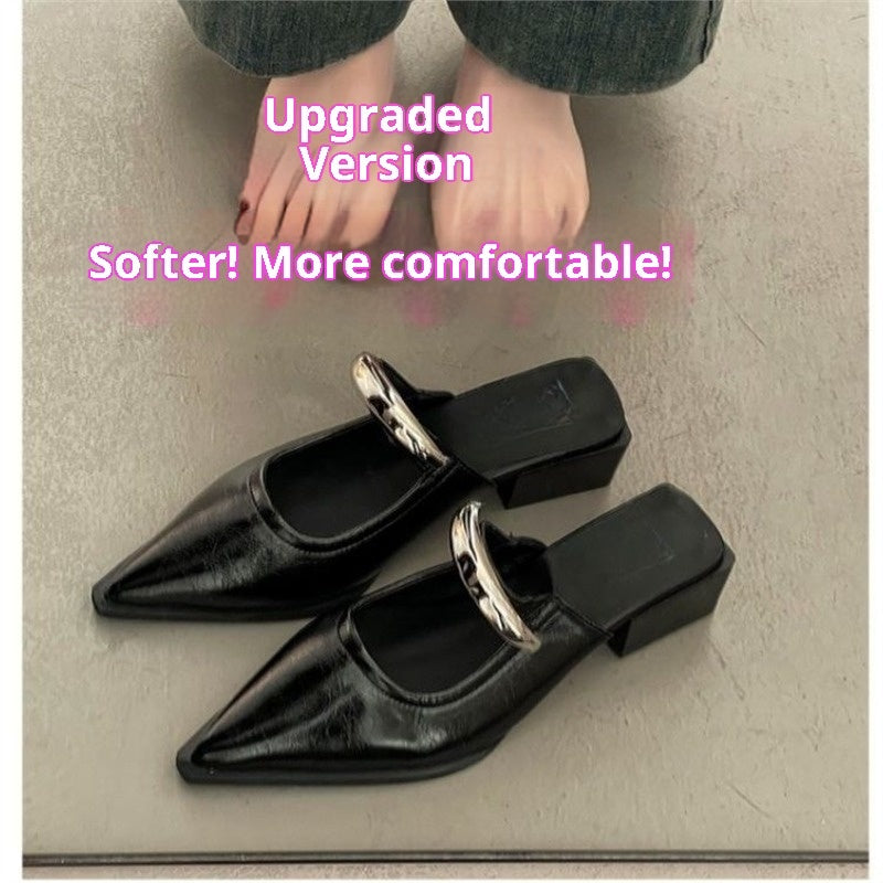 New Spring And Summer Metal Buckle French Style Slip-on Closed Toe Half Slippers For Women