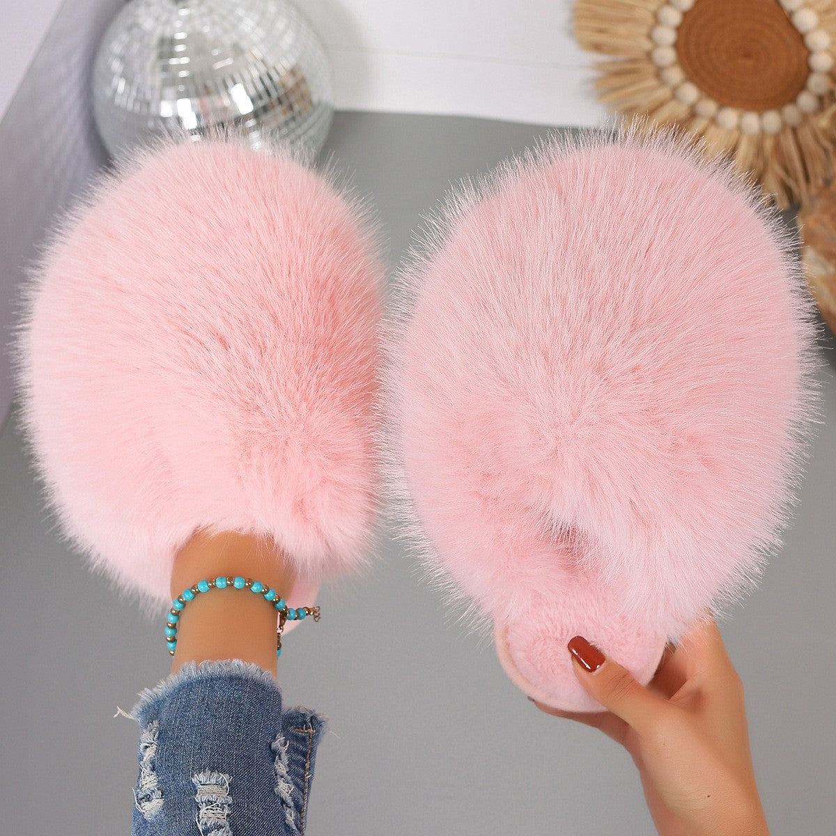 Large Size Solid Color Fluffy Soft Bottom Winter Baotou Home Warm Multi-color Cotton Slippers