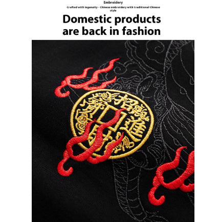 Embroidered Dragon Pattern Round Neck Cotton T-shirt