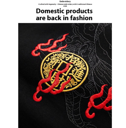 Embroidered Dragon Pattern Round Neck Cotton T-shirt