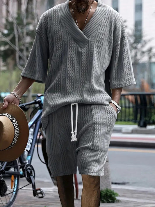 Men's Jacquard V Neck Shirt & Shorts Set