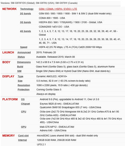 Samsung Galaxy S10e Duos G970FD Dual Sim Global Version Exynos 6GB RAM 128GB ROM Octa Core 5.8' NFC Original Unlocked Cell Phone