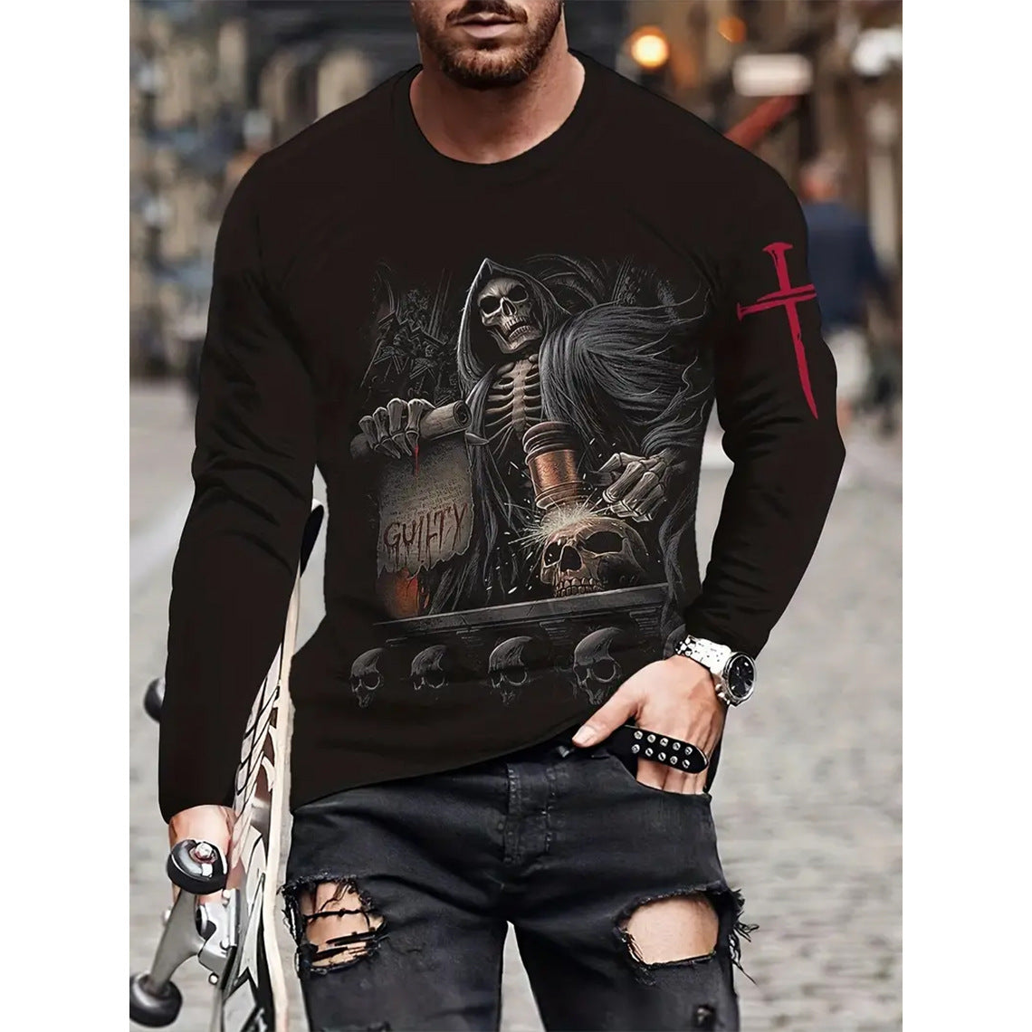 Retro 3D Printed Men's Long Sleeve Hip-hop T-shirt