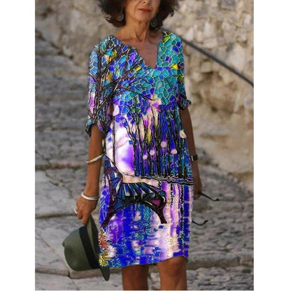 Women's Printed Loose Bamboo Fiber Linen Floral Short Sleeves