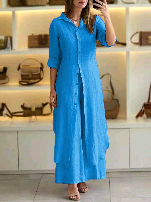 Slim-Fit Cotton Linen Long Shirt Wide-Leg Pants Suit