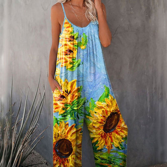 Spring And Summer Bohemian Style Sunflower Print Pleated Suspenders
