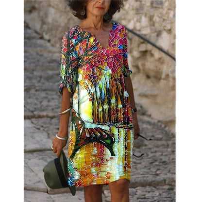 Women's Printed Loose Bamboo Fiber Linen Floral Short Sleeves