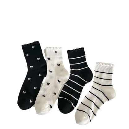 Black and White Lace Openwork Mid-Calf Socks