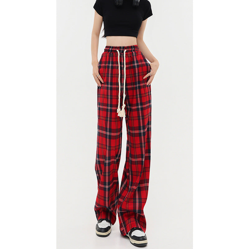 Women's Mop Drawstring Plaid Casual Pants