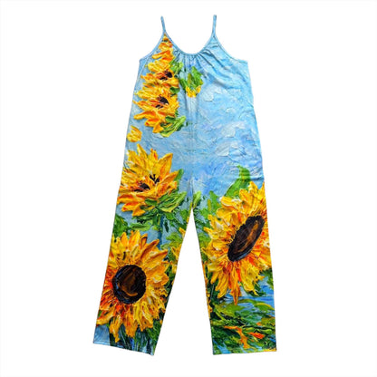 Spring And Summer Bohemian Style Sunflower Print Pleated Suspenders