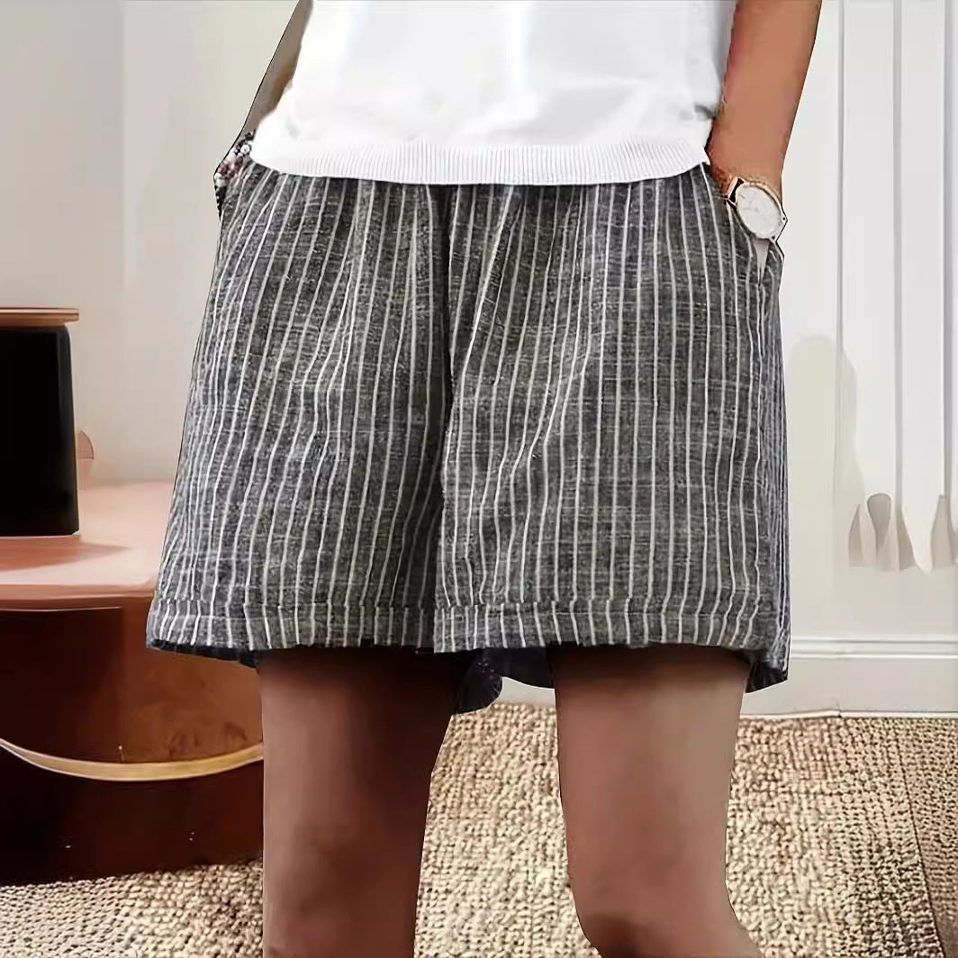 Women's Casual Cotton And Linen Stripes Shorts