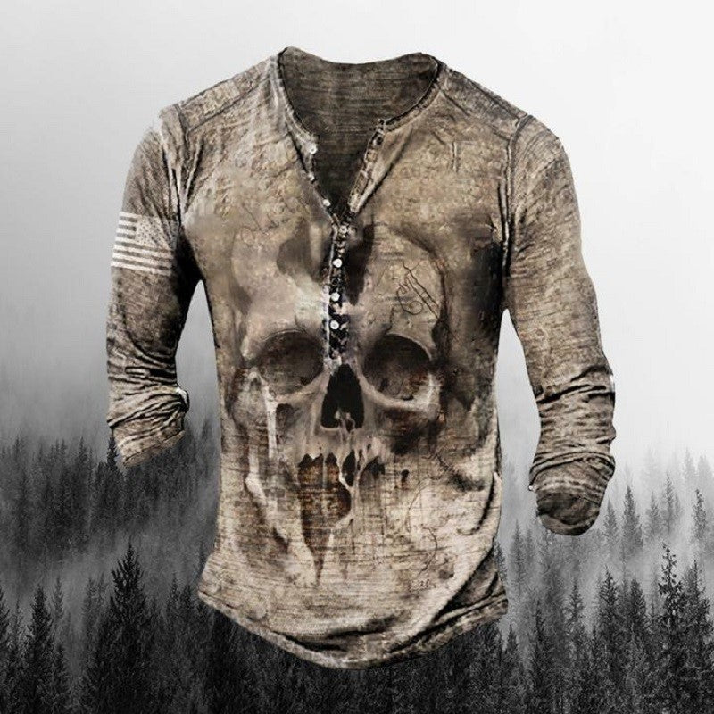Men's Round Neck Long Sleeve Buckle 3D Printed T-shirt