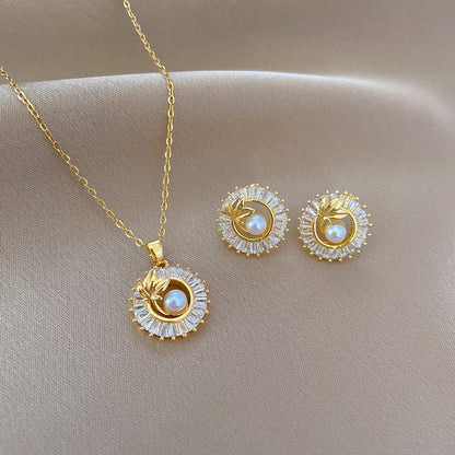 Square Full Diamond  Round Ring Leaves Necklace And Earrings Suite