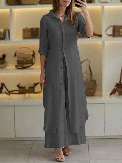 Slim-Fit Cotton Linen Long Shirt Wide-Leg Pants Suit