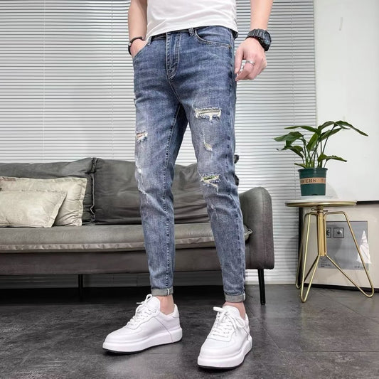 Spring Autumn Men's Ripped Skinny Trendy Jeans