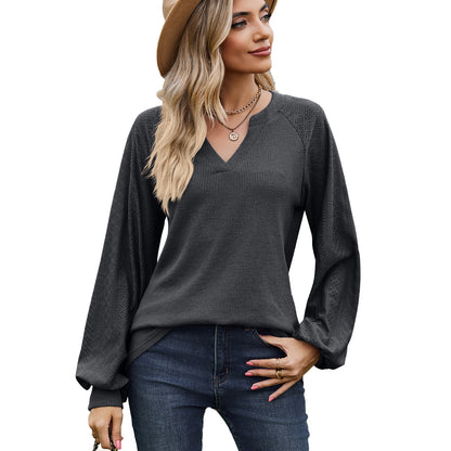 Solid Color V-neck Patchwork Loose Long Sleeve T-shirt