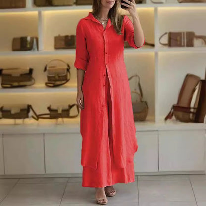 Slim-Fit Cotton Linen Long Shirt Wide-Leg Pants Suit
