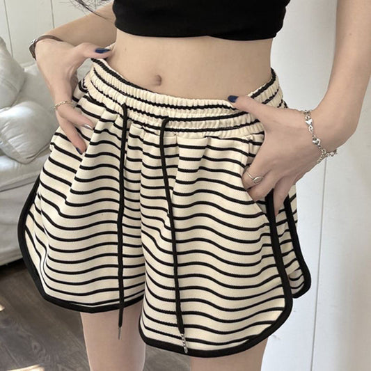 Versatile High Waist Striped Elastic Shorts